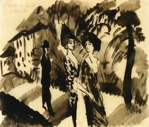 August Macke - Two Women and an Man on an Avenue