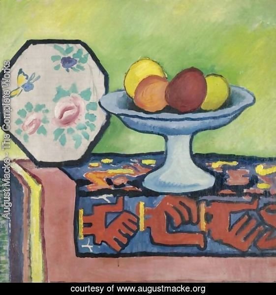 Still life with bowl of apples and Japanese fan