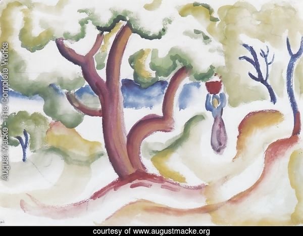 Woman with pitcher under trees