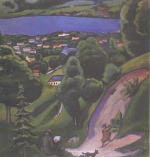 August Macke - Landscape on the Teggernsee with a reading man