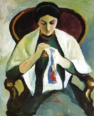 August Macke - Woman Embroidering in an Armchair: Portrait of the Artist's Wife