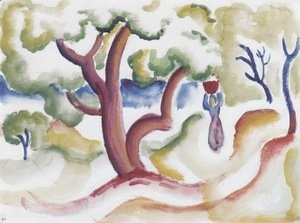 Woman with pitcher under trees