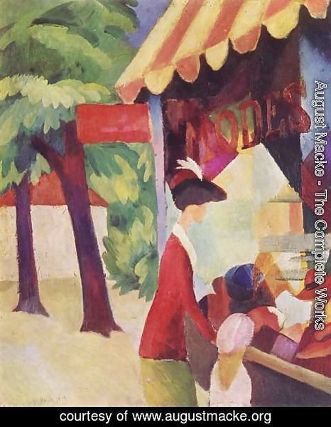 August Macke - A Woman With Red Jacket And Child Before The Hat Store
