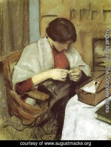 August Macke - Elisabeth Gerhardt Sewing (Elisabeth Gerhardt Nahend)  1909